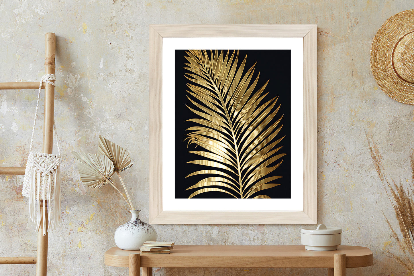 Poster Goldenes Einzelnes Palmenblatt Rahmen Holz Mit Passepartout Farbe Natürlich