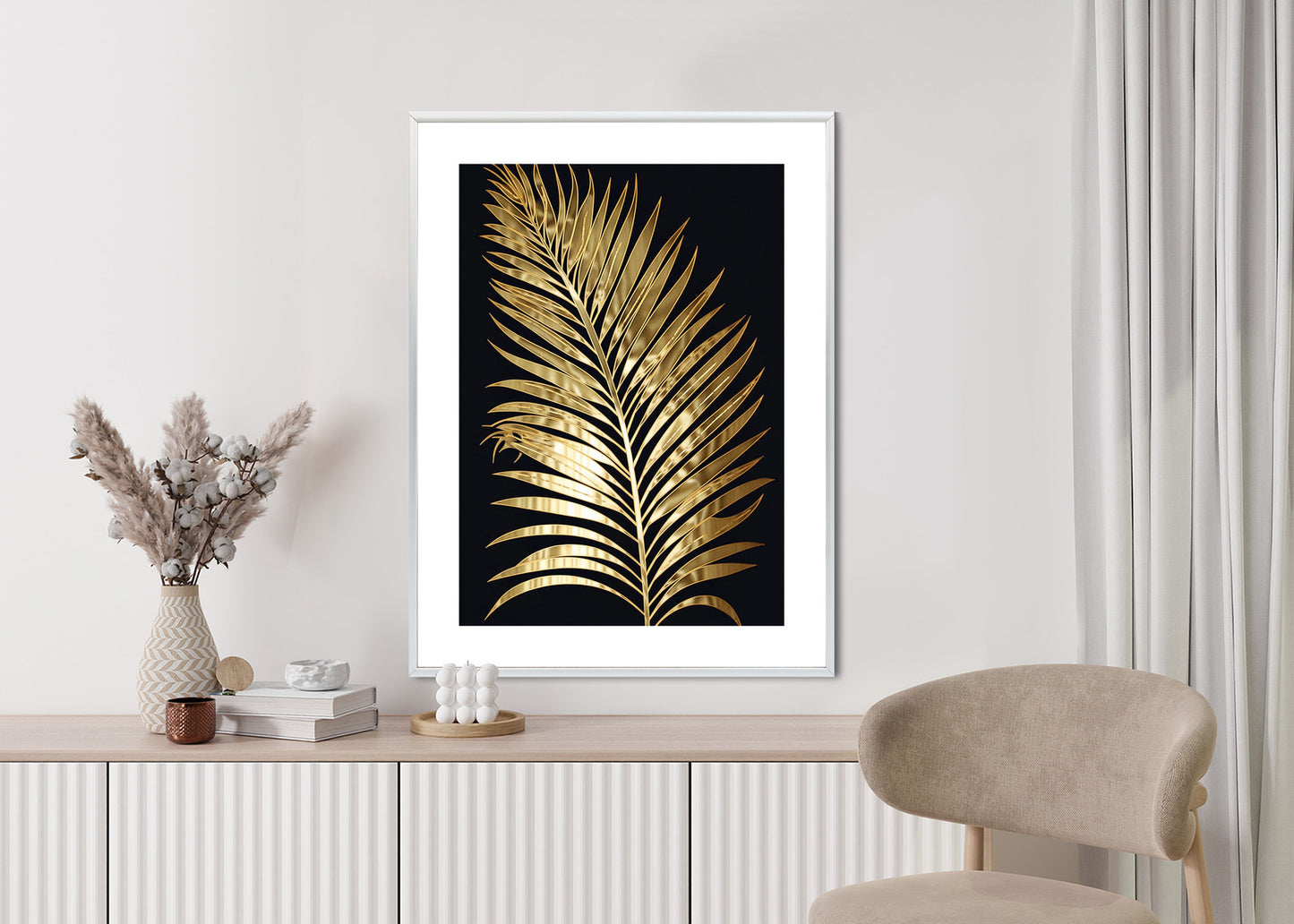 Poster Goldenes Einzelnes Palmenblatt Rahmen Holz Mit Passepartout Farbe Natürlich