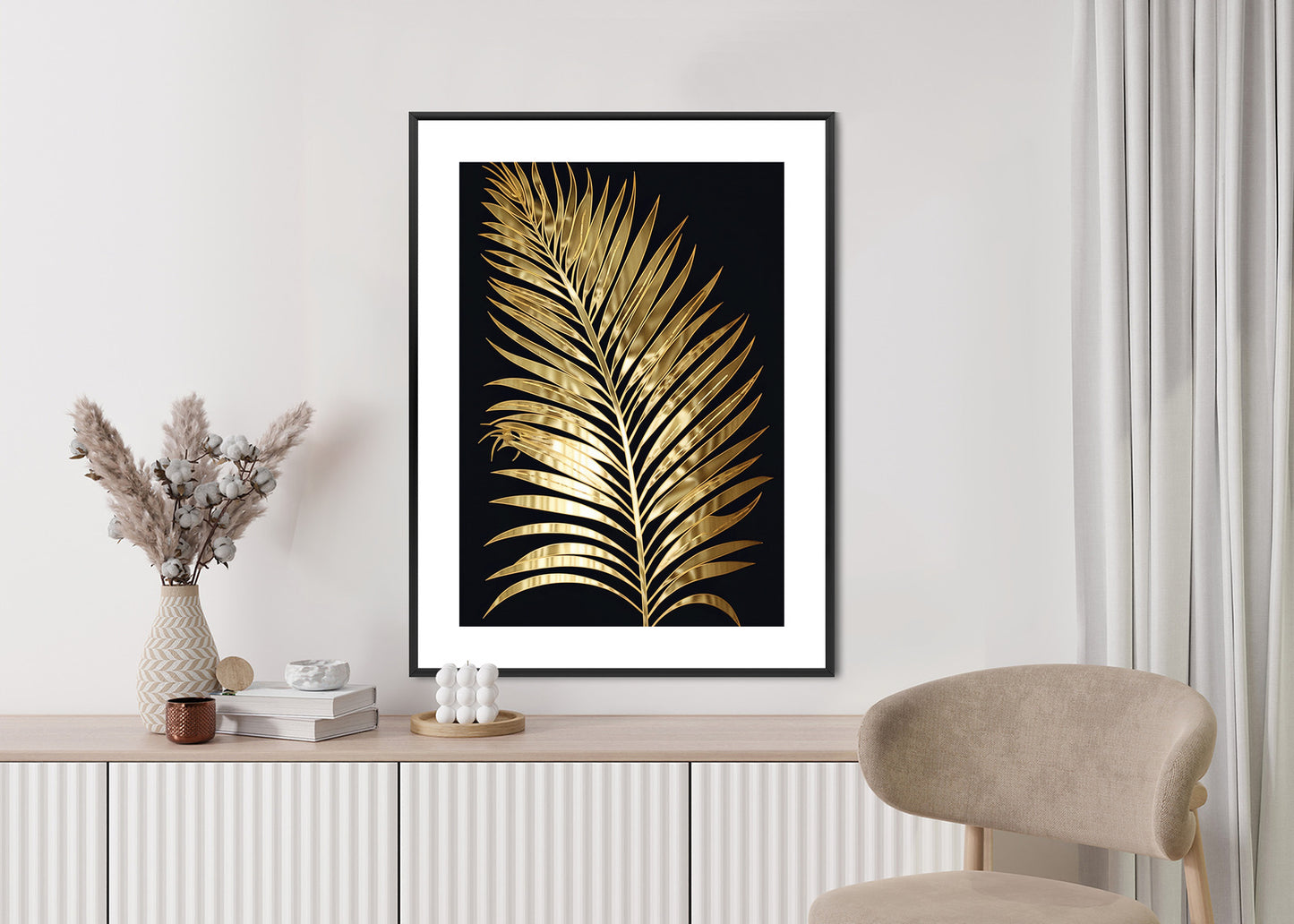 Poster Goldenes Einzelnes Palmenblatt Rahmen Holz Mit Passepartout Farbe Natürlich