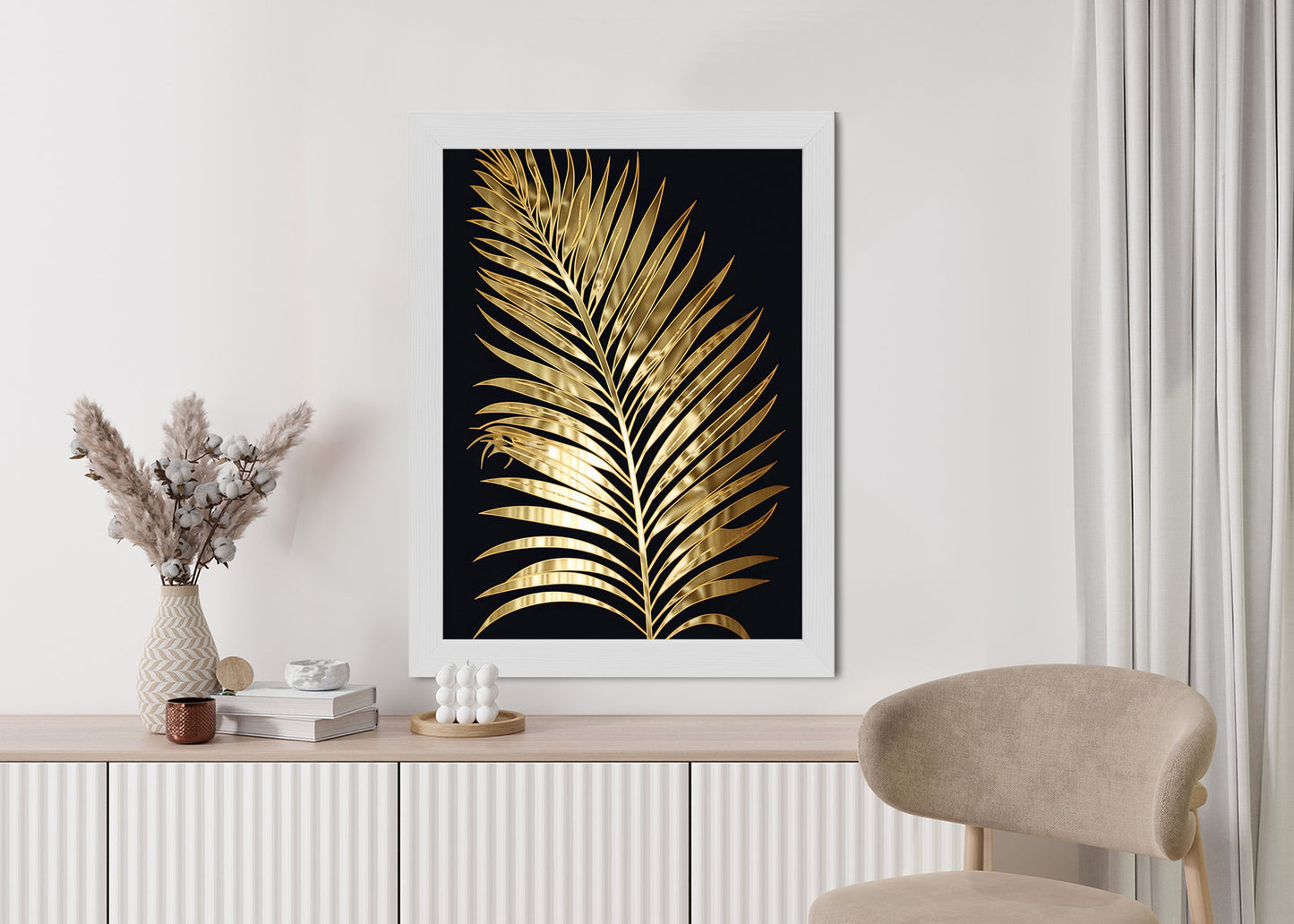 Poster Goldenes Einzelnes Palmenblatt Rahmen Holz Mit Passepartout Farbe Natürlich