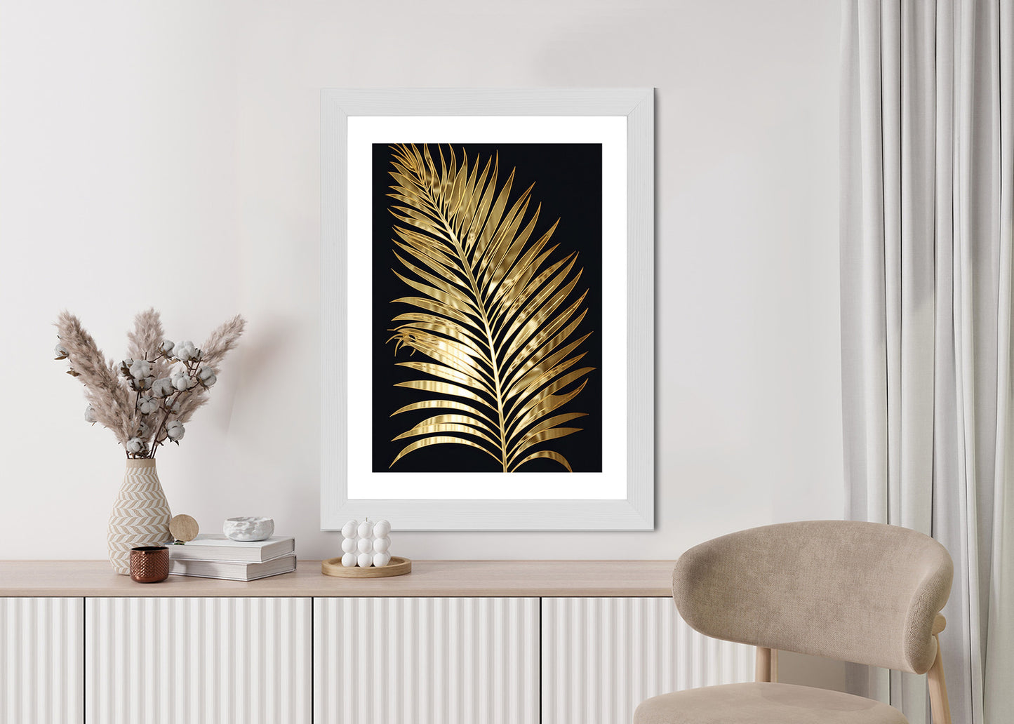 Poster Goldenes Einzelnes Palmenblatt Rahmen Holz Mit Passepartout Farbe Natürlich