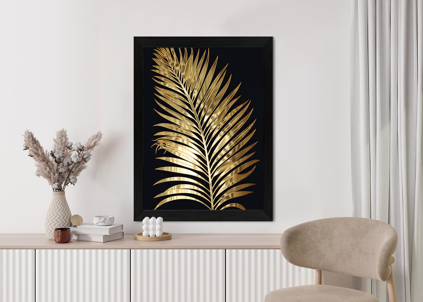 Poster Goldenes Einzelnes Palmenblatt Rahmen Holz Mit Passepartout Farbe Natürlich
