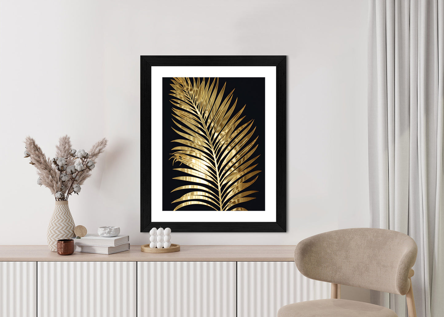 Poster Goldenes Einzelnes Palmenblatt Rahmen Holz Mit Passepartout Farbe Natürlich