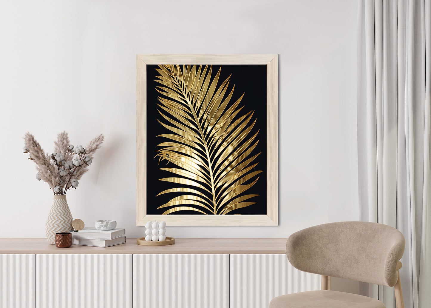 Poster Goldenes Einzelnes Palmenblatt Rahmen Holz Mit Passepartout Farbe Natürlich