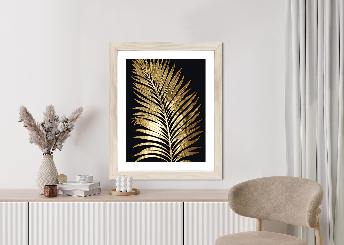 Poster Goldenes Einzelnes Palmenblatt Rahmen Holz Mit Passepartout Farbe Natürlich