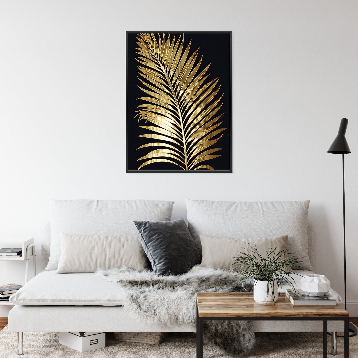 Poster Goldenes Einzelnes Palmenblatt Rahmen Holz Mit Passepartout Farbe Natürlich