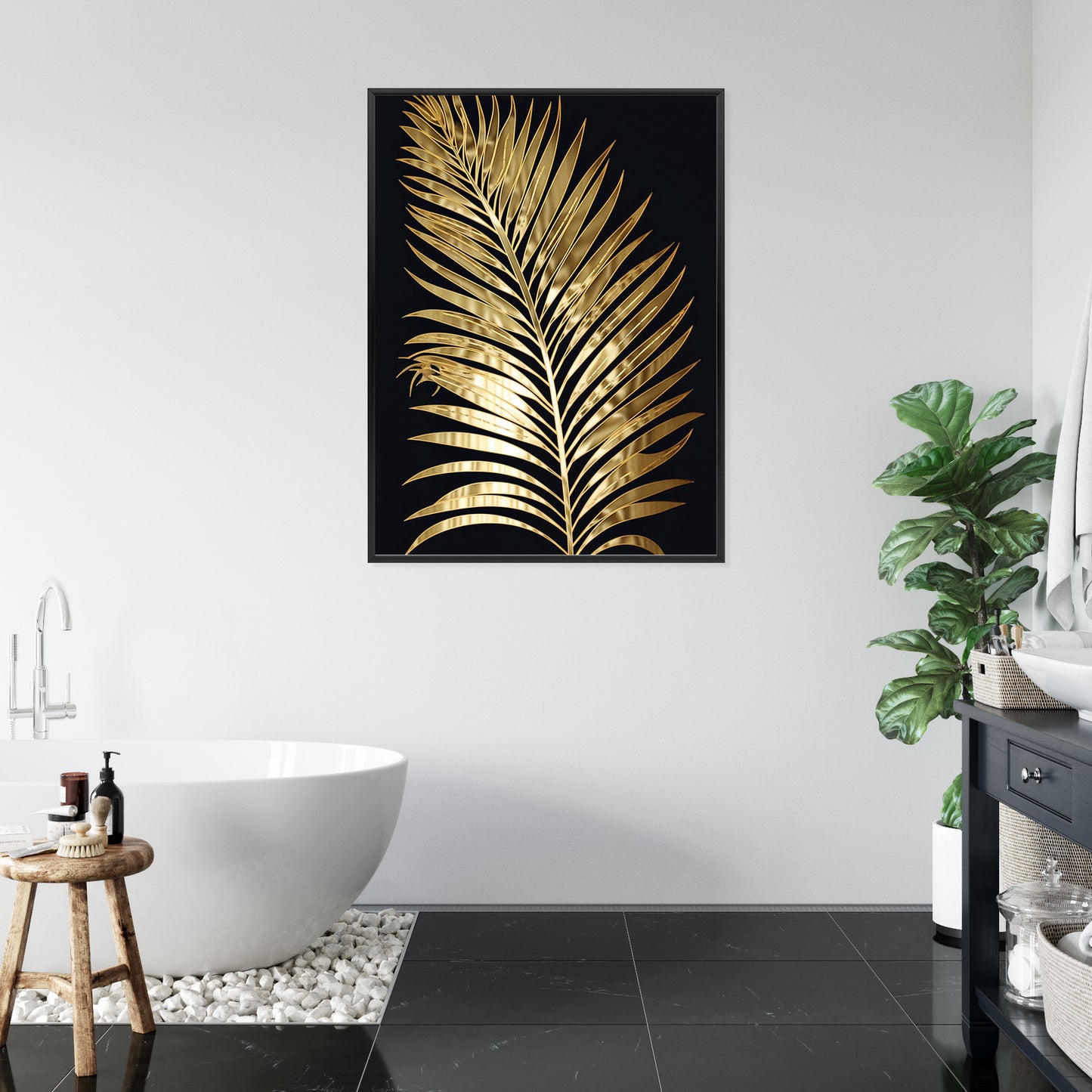 Poster Goldenes Einzelnes Palmenblatt Rahmen Holz Mit Passepartout Farbe Natürlich