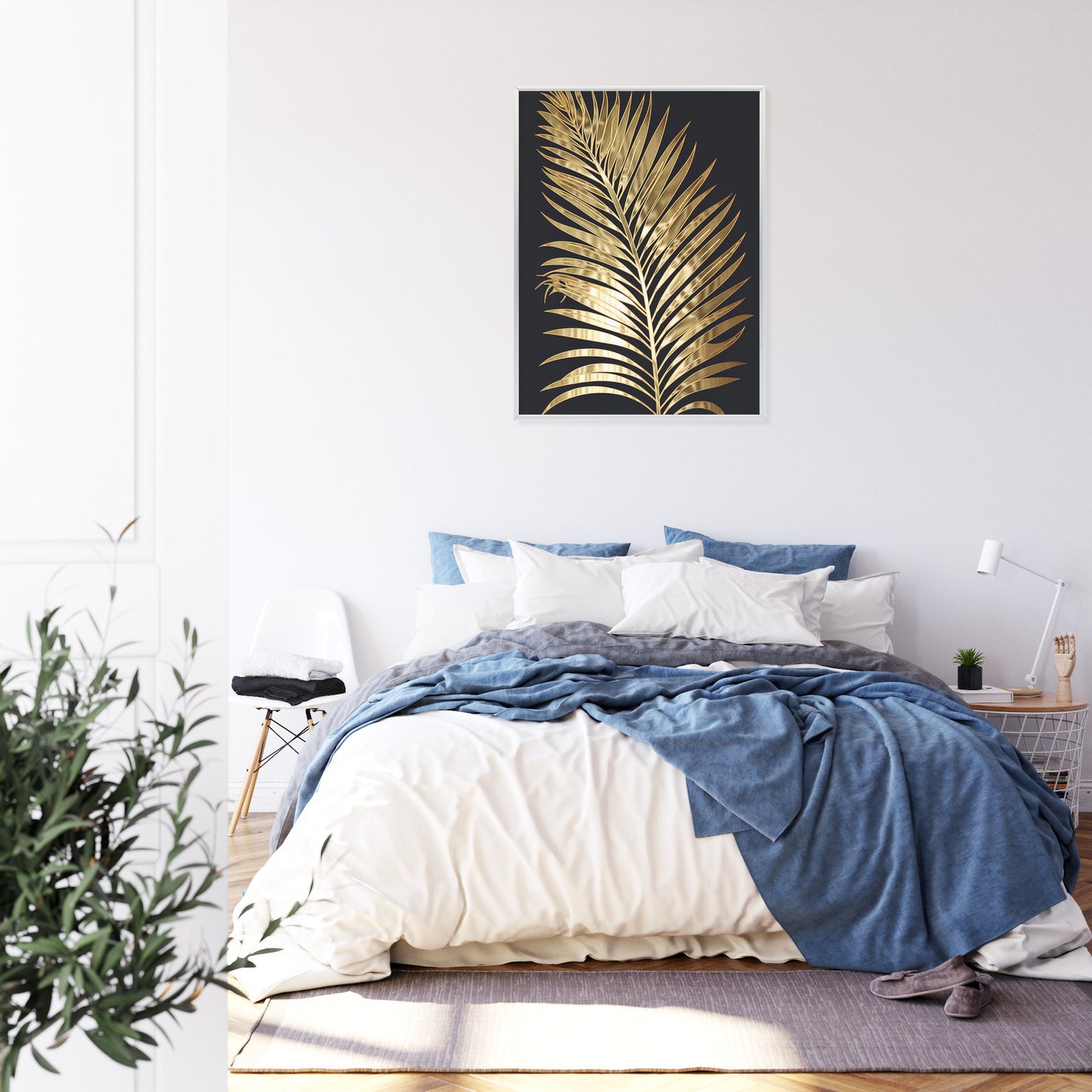 Poster Goldenes Einzelnes Palmenblatt Rahmen Holz Mit Passepartout Farbe Natürlich
