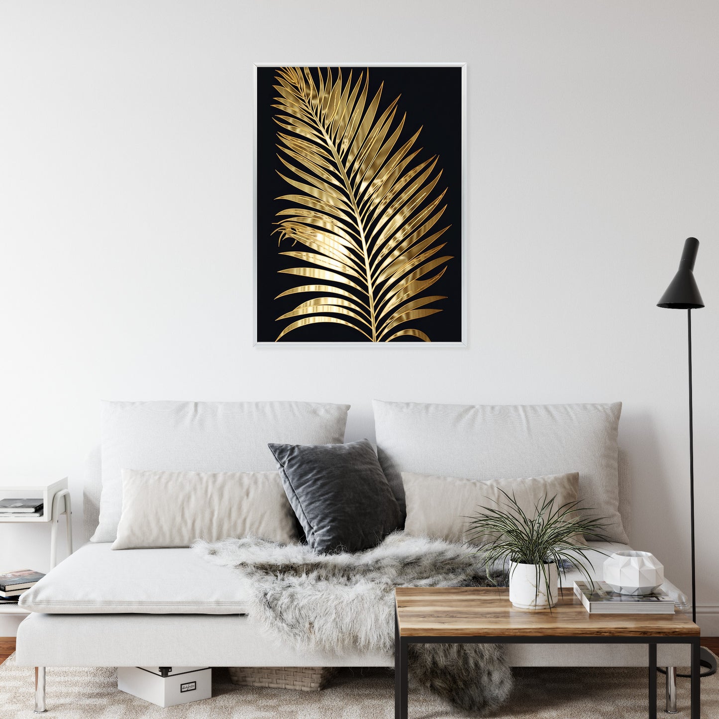 Poster Goldenes Einzelnes Palmenblatt Rahmen Holz Mit Passepartout Farbe Natürlich