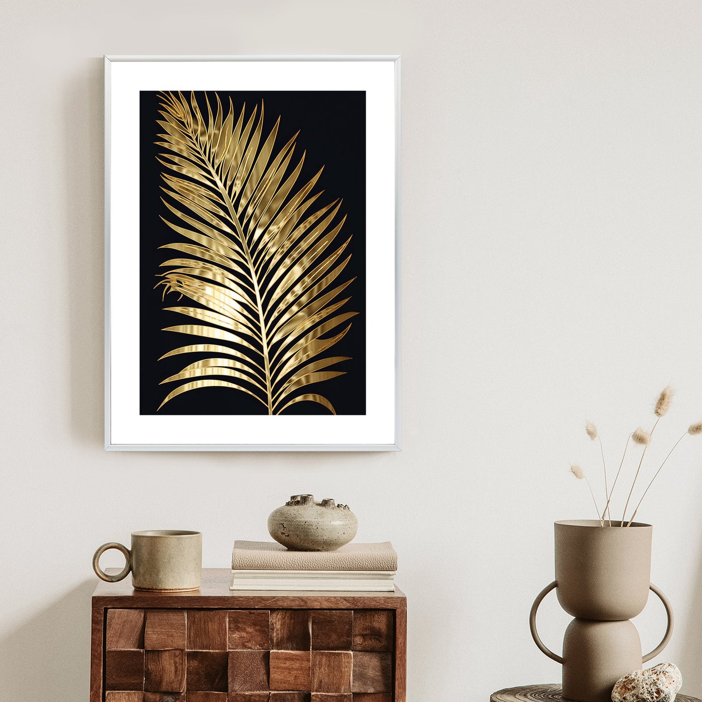 Poster Goldenes Einzelnes Palmenblatt Rahmen Holz Mit Passepartout Farbe Natürlich