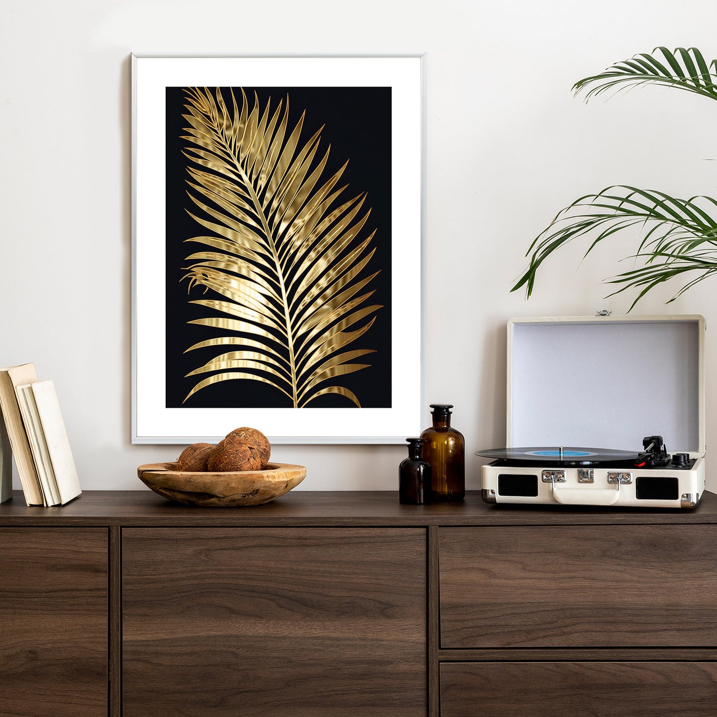 Poster Goldenes Einzelnes Palmenblatt Rahmen Holz Mit Passepartout Farbe Natürlich
