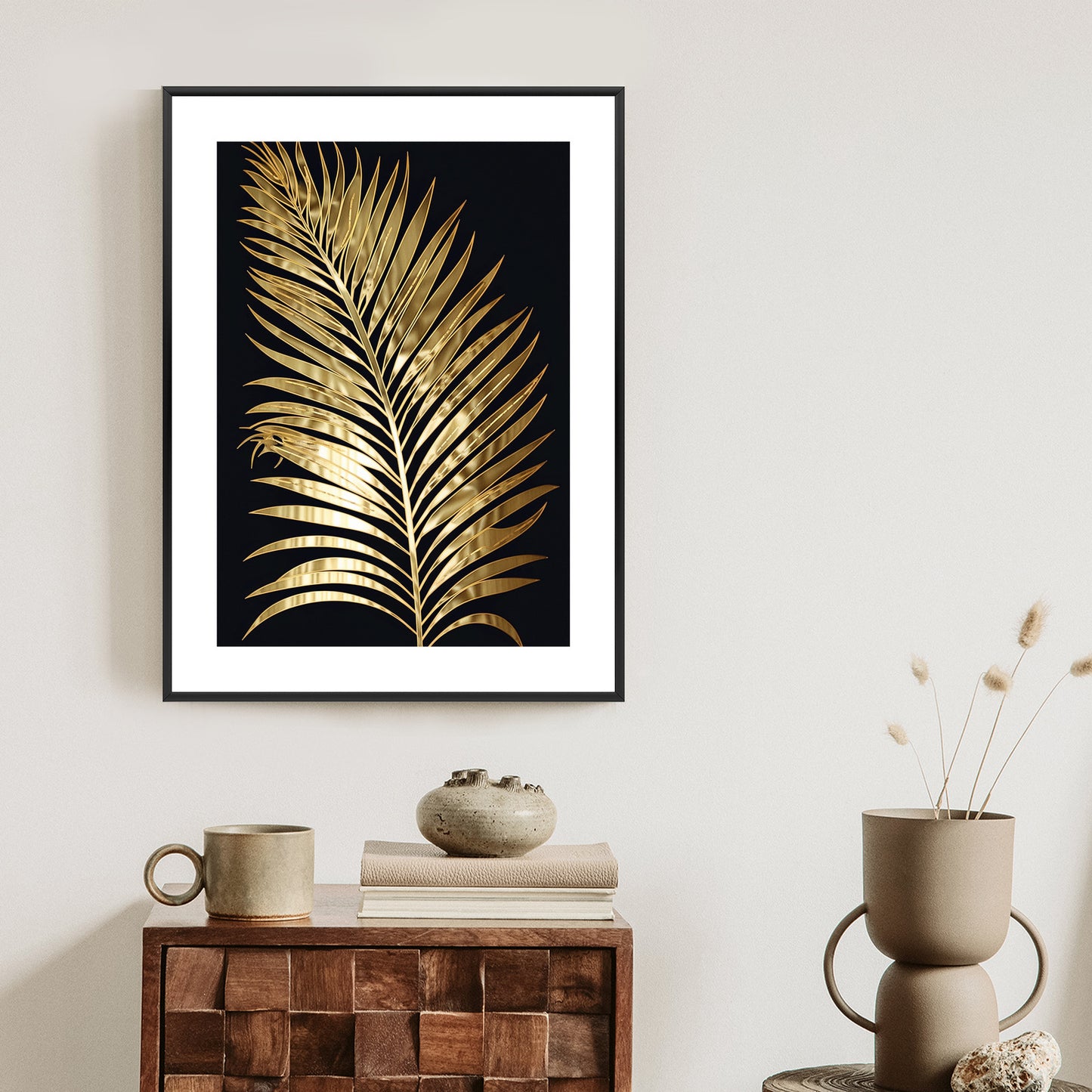 Poster Goldenes Einzelnes Palmenblatt Rahmen Holz Mit Passepartout Farbe Natürlich