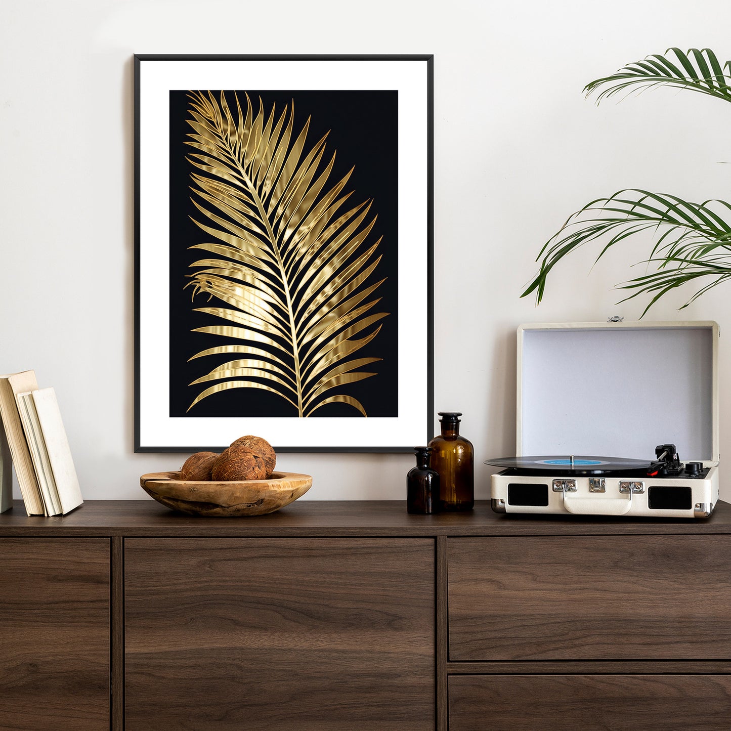 Poster Goldenes Einzelnes Palmenblatt Rahmen Holz Mit Passepartout Farbe Natürlich