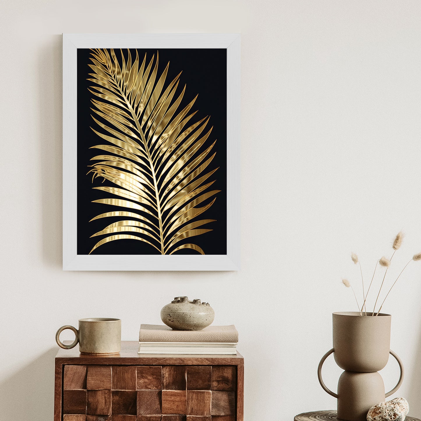 Poster Goldenes Einzelnes Palmenblatt Rahmen Holz Mit Passepartout Farbe Natürlich