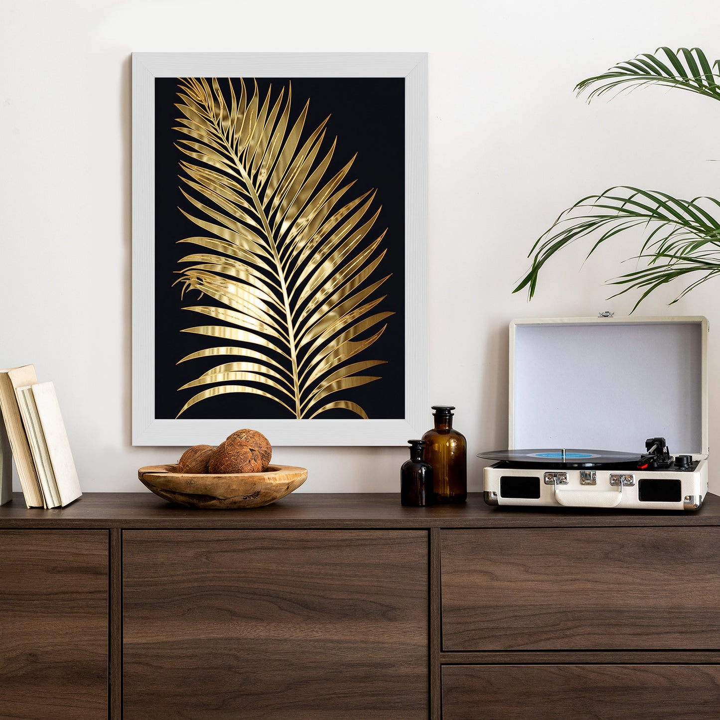 Poster Goldenes Einzelnes Palmenblatt Rahmen Holz Mit Passepartout Farbe Natürlich