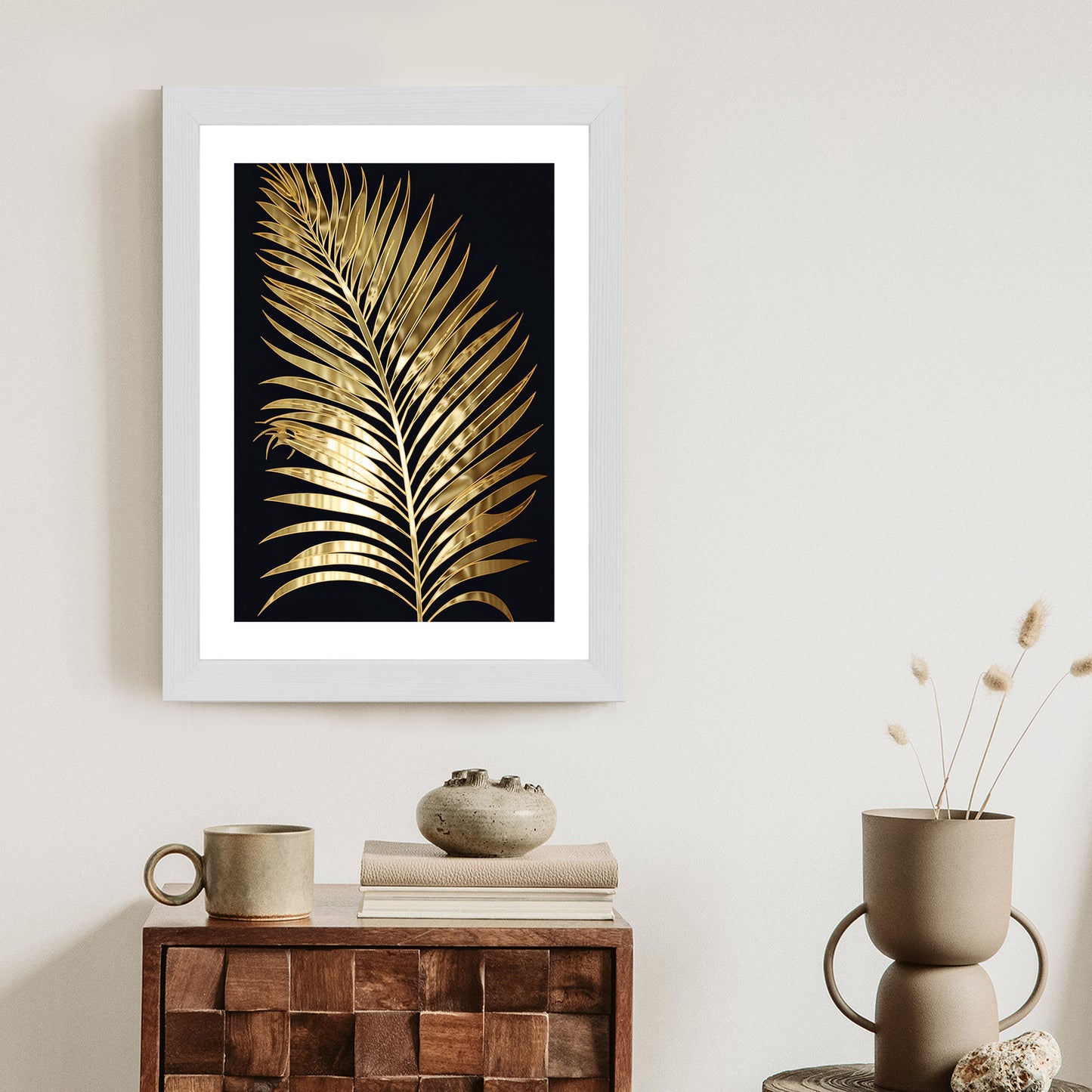 Poster Goldenes Einzelnes Palmenblatt Rahmen Holz Mit Passepartout Farbe Natürlich