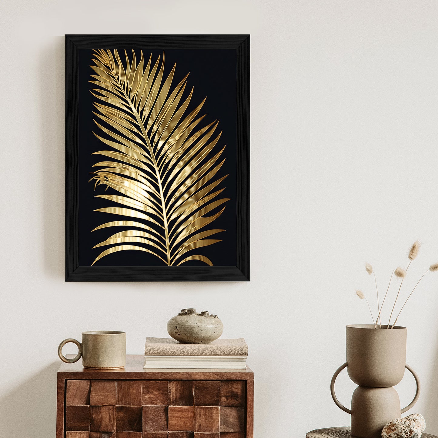 Poster Goldenes Einzelnes Palmenblatt Rahmen Holz Mit Passepartout Farbe Natürlich