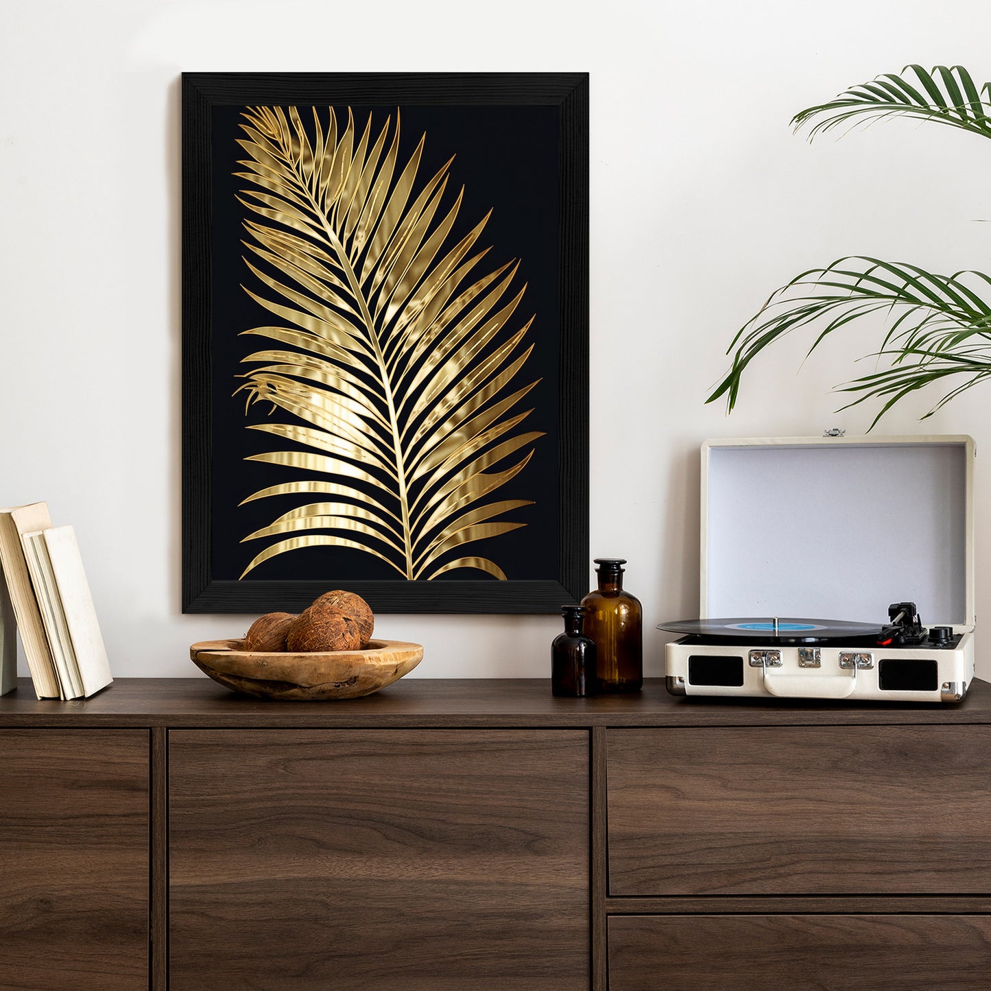 Poster Goldenes Einzelnes Palmenblatt Rahmen Holz Mit Passepartout Farbe Natürlich