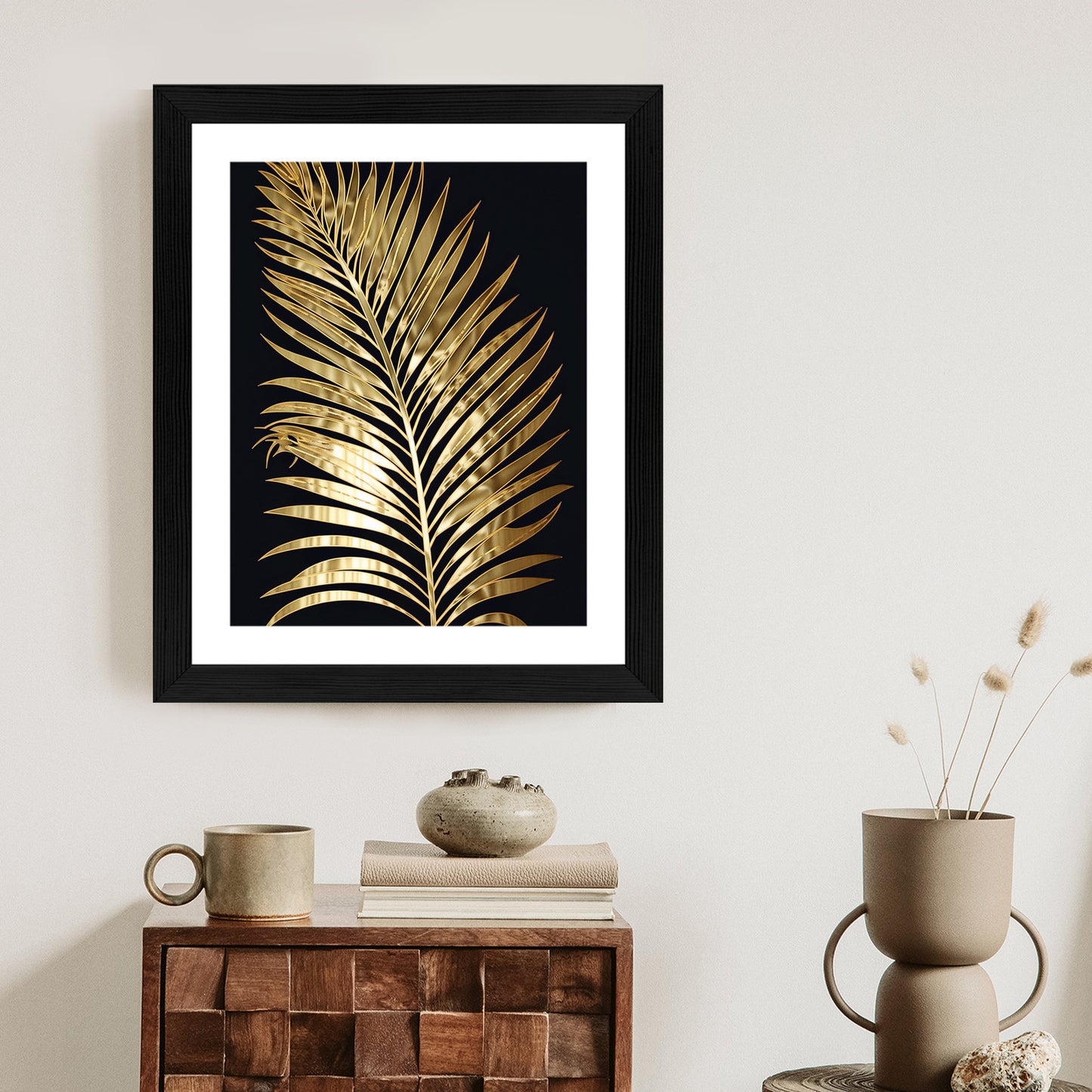 Poster Goldenes Einzelnes Palmenblatt Rahmen Holz Mit Passepartout Farbe Natürlich