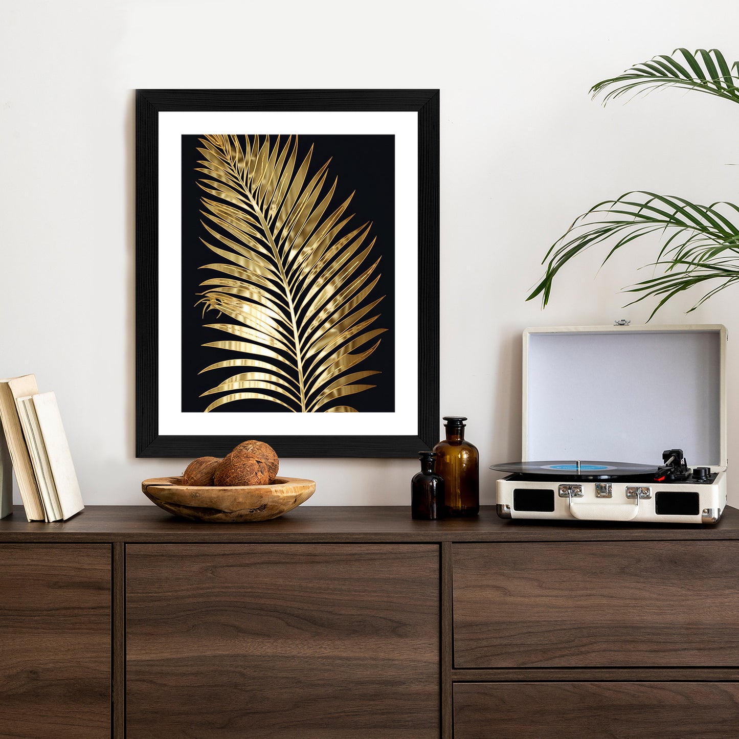 Poster Goldenes Einzelnes Palmenblatt Rahmen Holz Mit Passepartout Farbe Natürlich