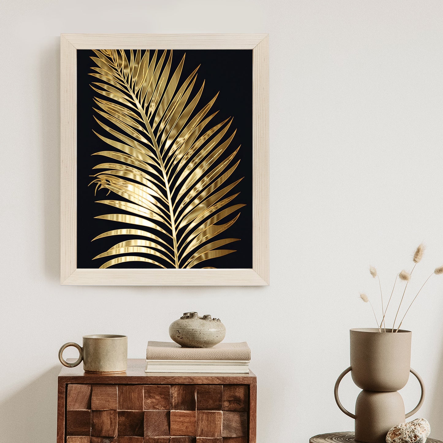 Poster Goldenes Einzelnes Palmenblatt Rahmen Holz Mit Passepartout Farbe Natürlich