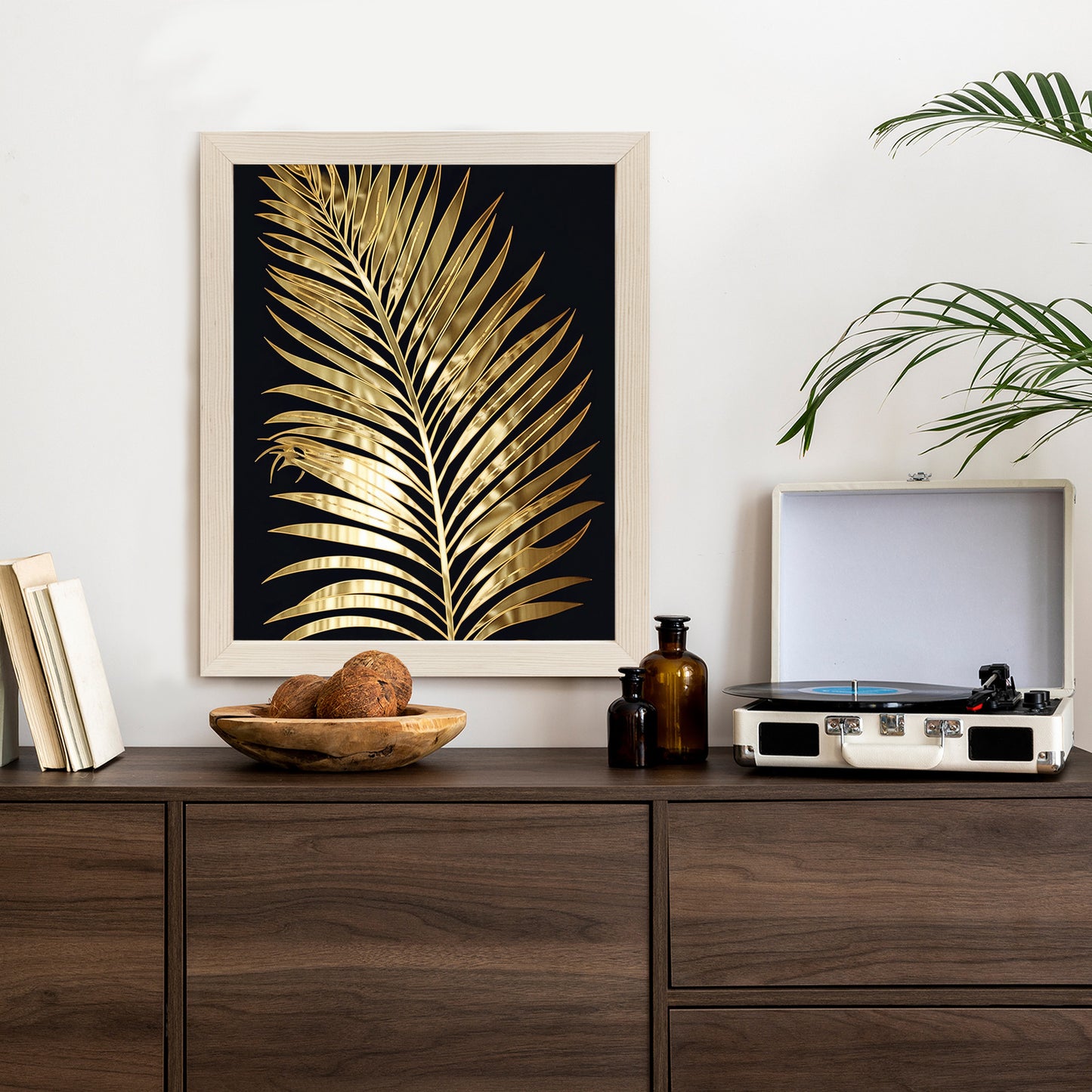 Poster Goldenes Einzelnes Palmenblatt Rahmen Holz Mit Passepartout Farbe Natürlich