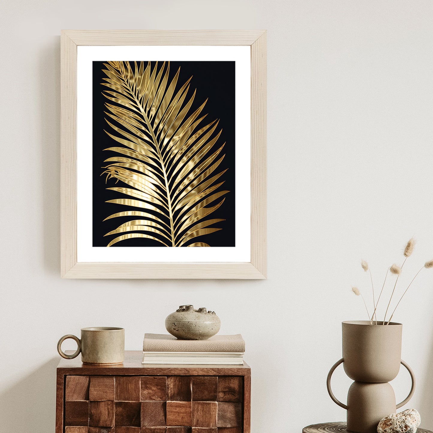 Poster Goldenes Einzelnes Palmenblatt Rahmen Holz Mit Passepartout Farbe Natürlich