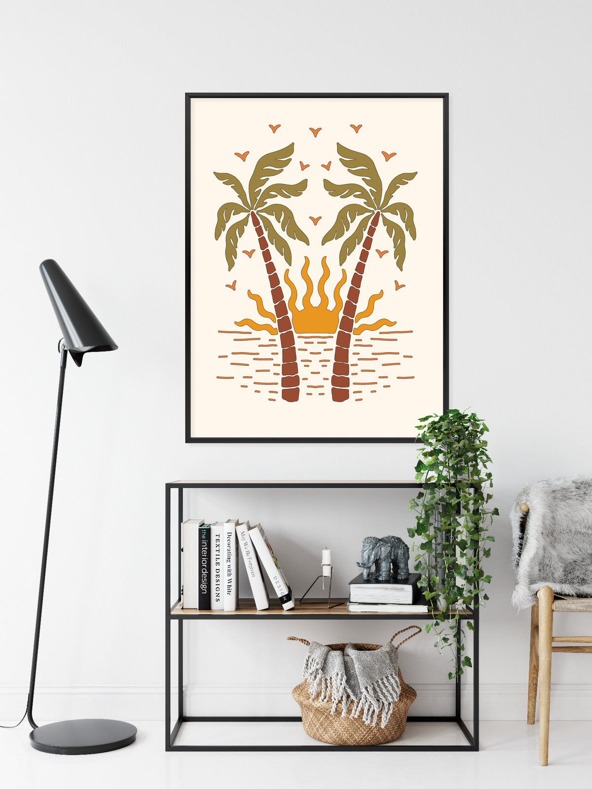 Poster Rerto-Palmen Und Die Untergehende Sonne Rahmen Hölzern Farbe Schwarz