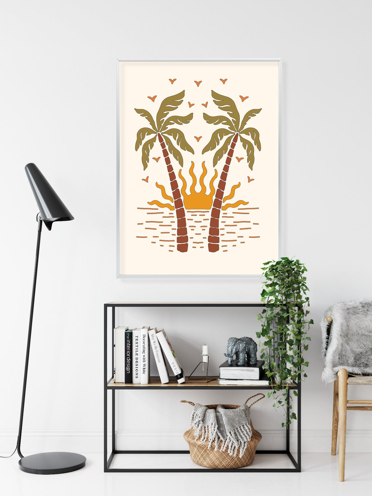 Poster Rerto-Palmen Und Die Untergehende Sonne Rahmen Hölzern Farbe Schwarz
