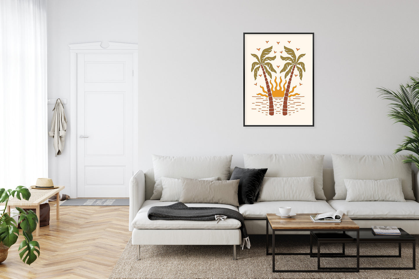Poster Rerto-Palmen Und Die Untergehende Sonne Rahmen Hölzern Farbe Schwarz