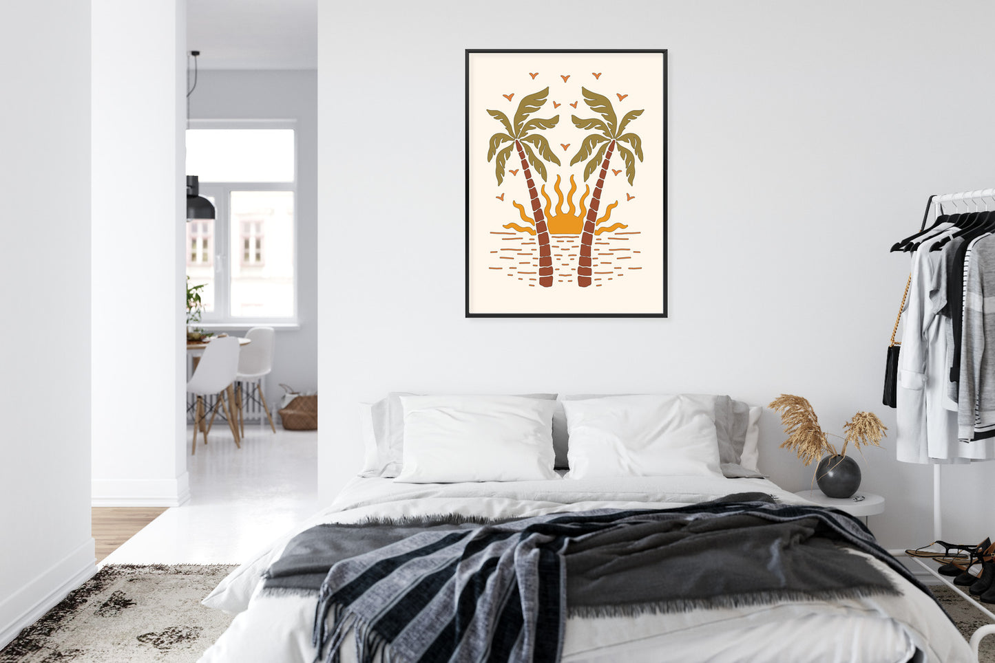 Poster Rerto-Palmen Und Die Untergehende Sonne Rahmen Hölzern Farbe Schwarz