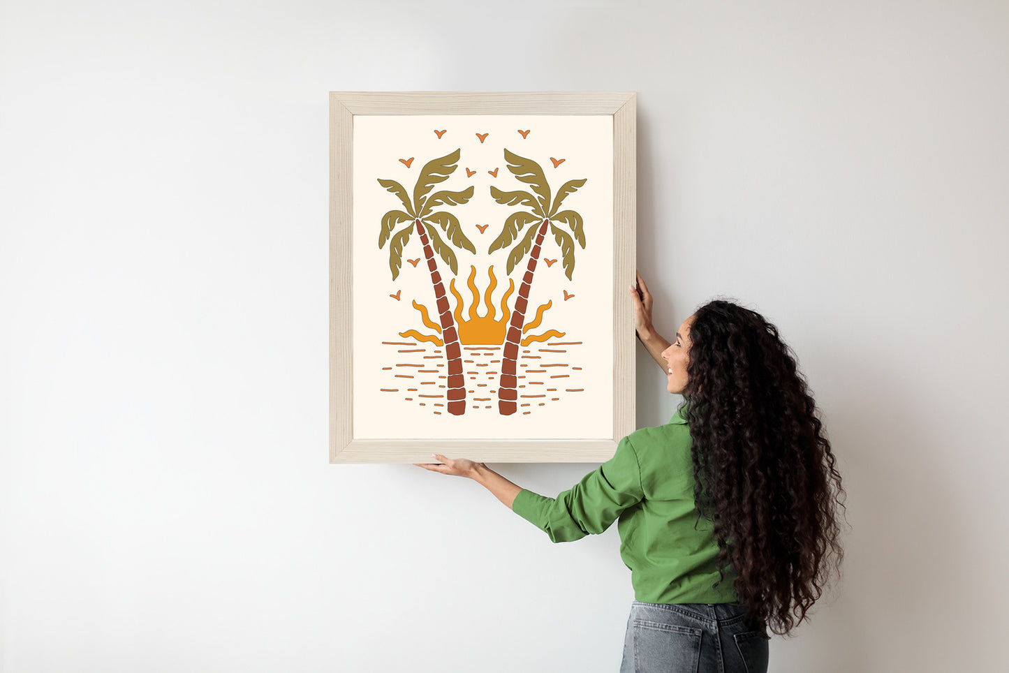Poster Rerto-Palmen Und Die Untergehende Sonne Rahmen Hölzern Farbe Schwarz