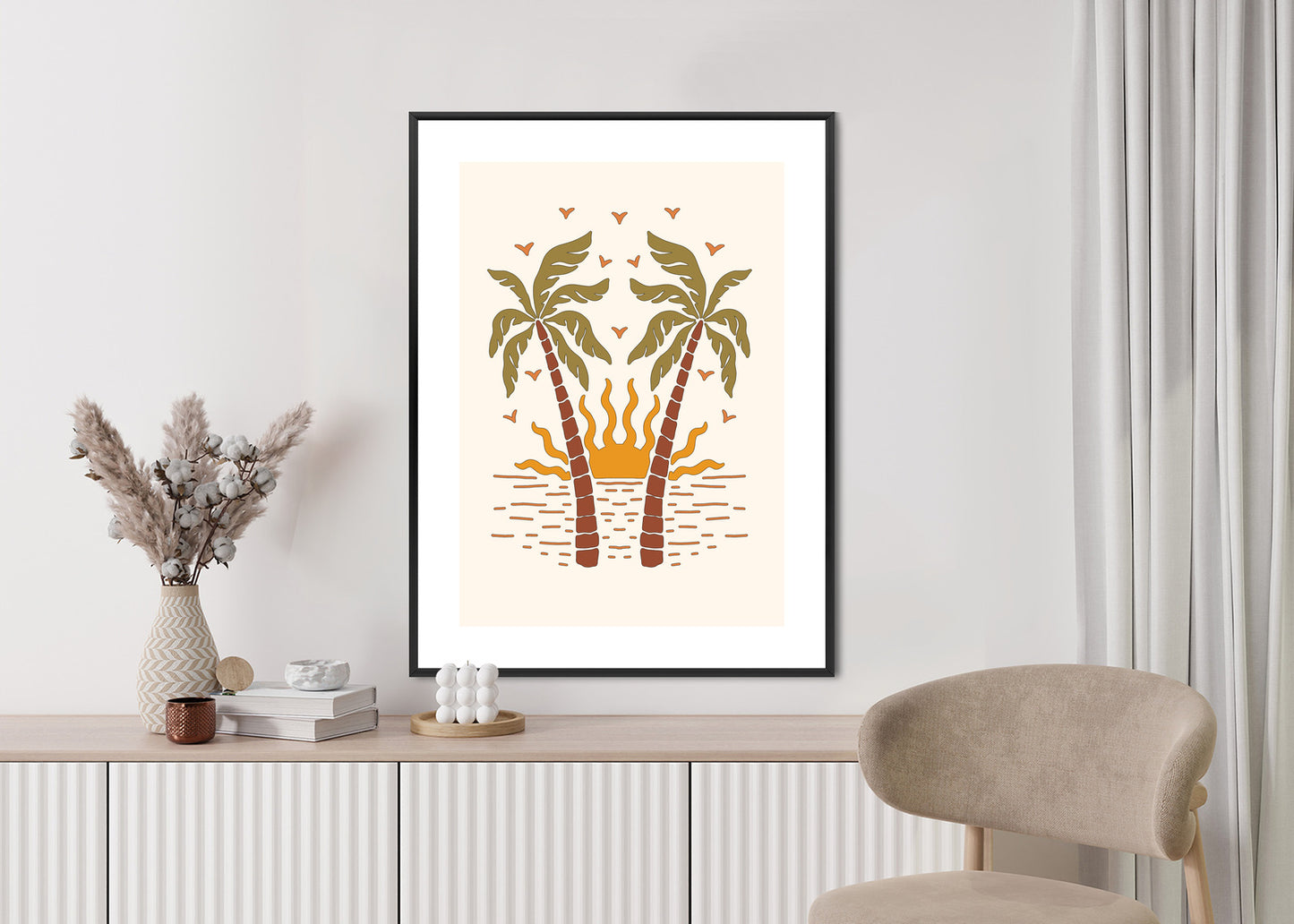 Poster Rerto-Palmen Und Die Untergehende Sonne Rahmen Hölzern Farbe Schwarz