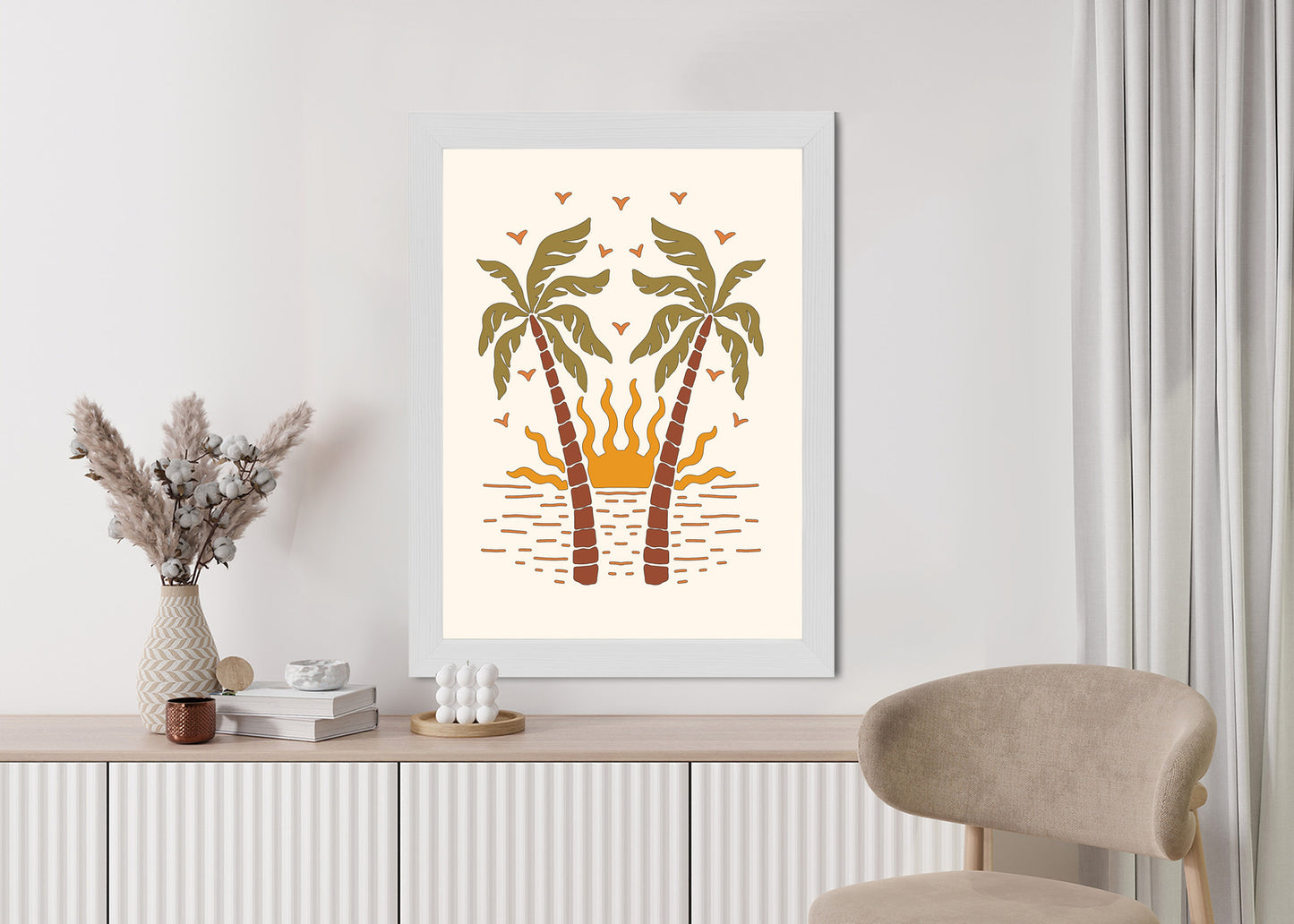 Poster Rerto-Palmen Und Die Untergehende Sonne Rahmen Hölzern Farbe Schwarz