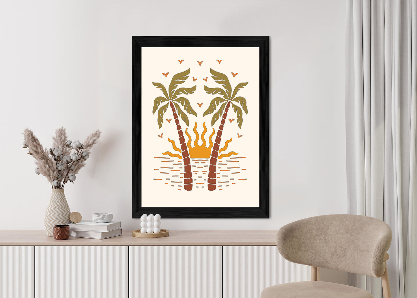 Poster Rerto-Palmen Und Die Untergehende Sonne Rahmen Hölzern Farbe Schwarz