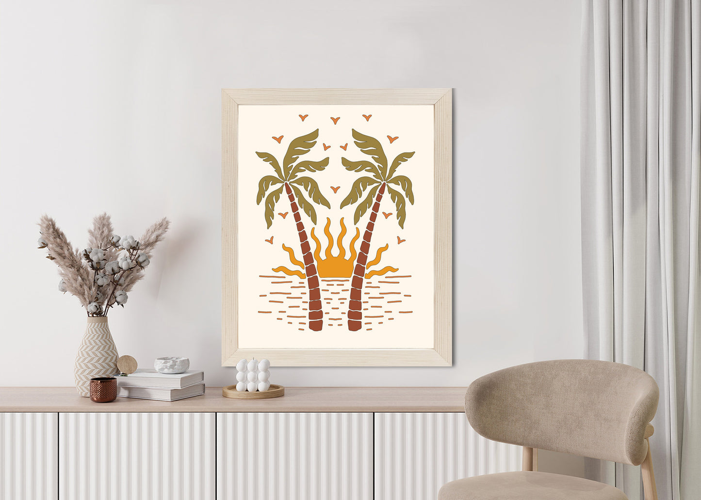 Poster Rerto-Palmen Und Die Untergehende Sonne Rahmen Hölzern Farbe Schwarz