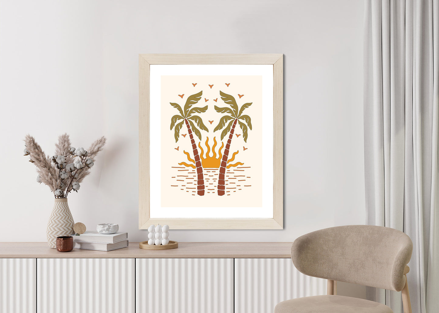 Poster Rerto-Palmen Und Die Untergehende Sonne Rahmen Hölzern Farbe Schwarz