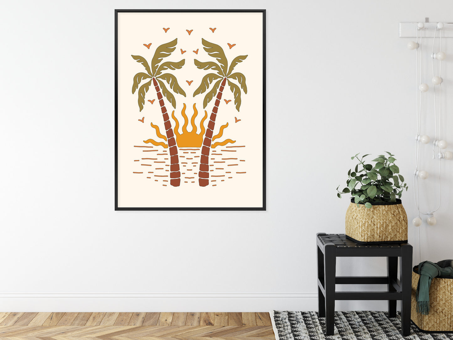 Poster Rerto-Palmen Und Die Untergehende Sonne Rahmen Hölzern Farbe Schwarz