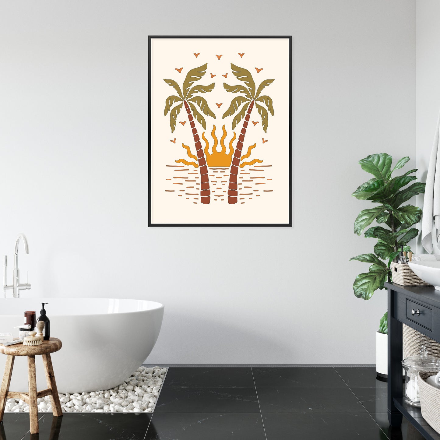 Poster Rerto-Palmen Und Die Untergehende Sonne Rahmen Hölzern Farbe Schwarz