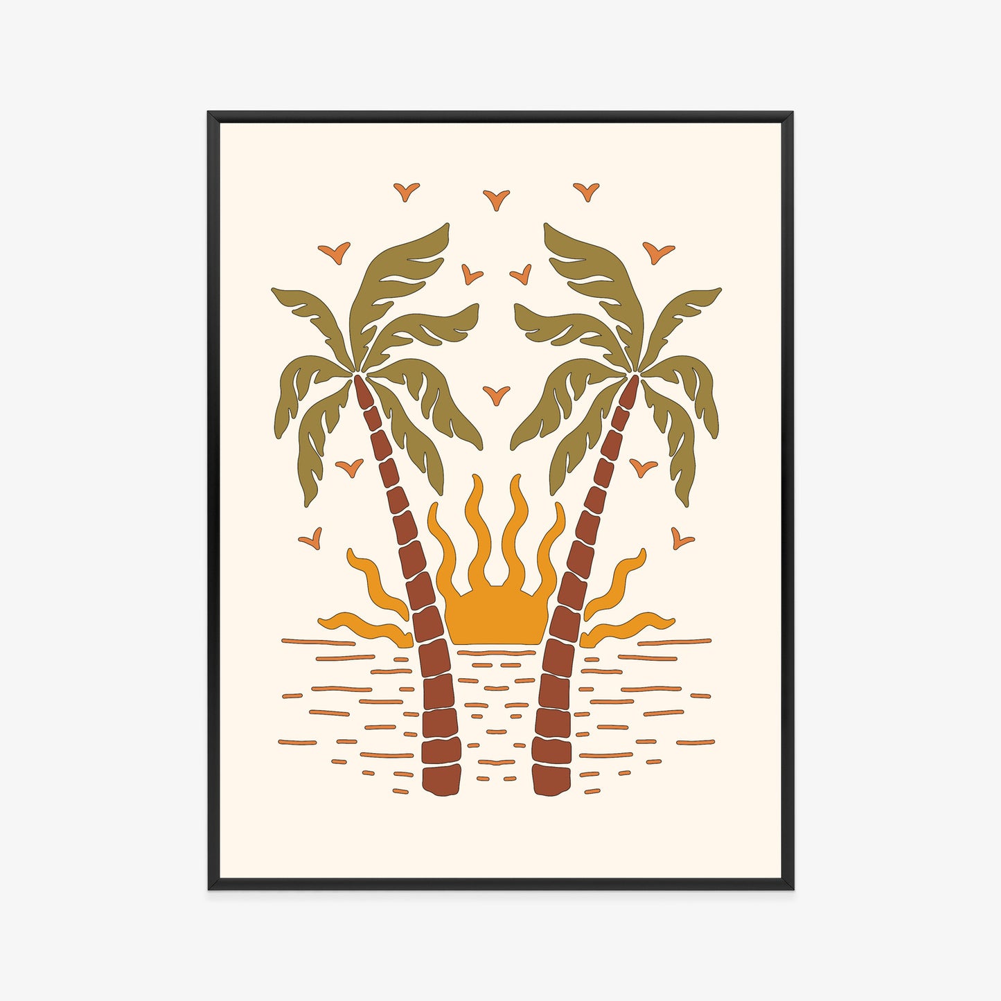 Poster Rerto-Palmen Und Die Untergehende Sonne Rahmen Hölzern Farbe Schwarz