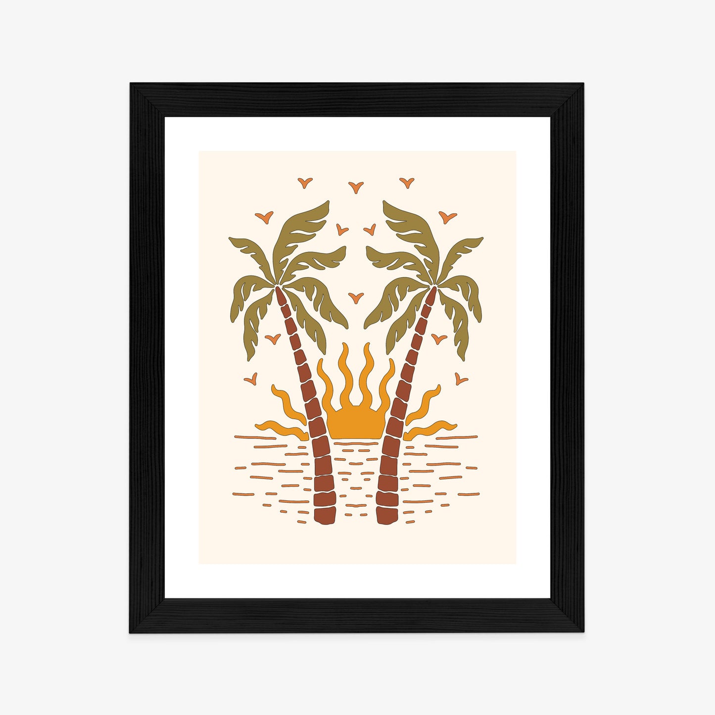 Poster Rerto-Palmen Und Die Untergehende Sonne Rahmen Hölzern Farbe Schwarz