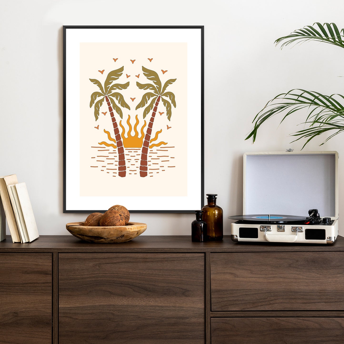 Poster Rerto-Palmen Und Die Untergehende Sonne Rahmen Hölzern Farbe Schwarz