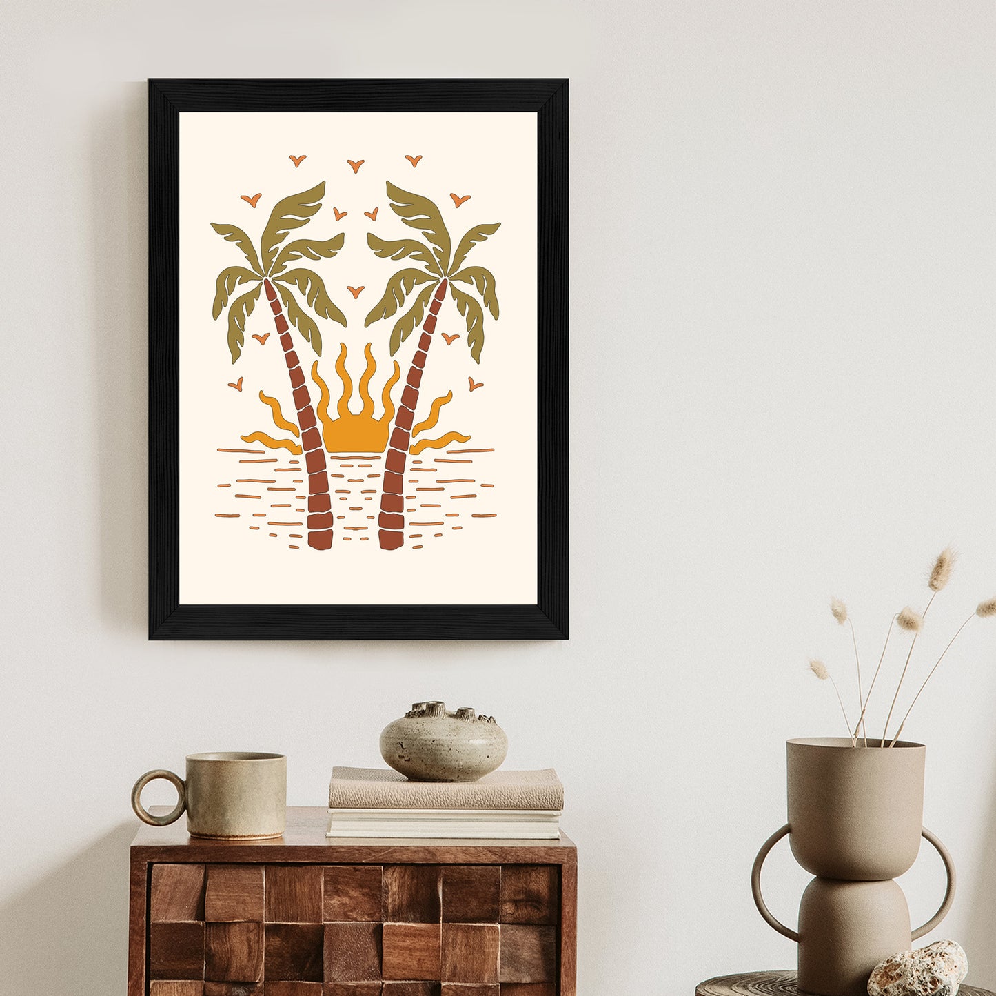 Poster Rerto-Palmen Und Die Untergehende Sonne Rahmen Hölzern Farbe Schwarz