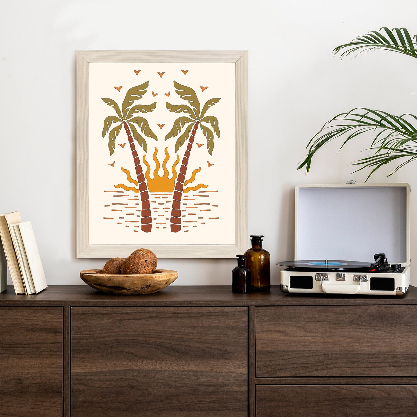 Poster Rerto-Palmen Und Die Untergehende Sonne Rahmen Hölzern Farbe Schwarz