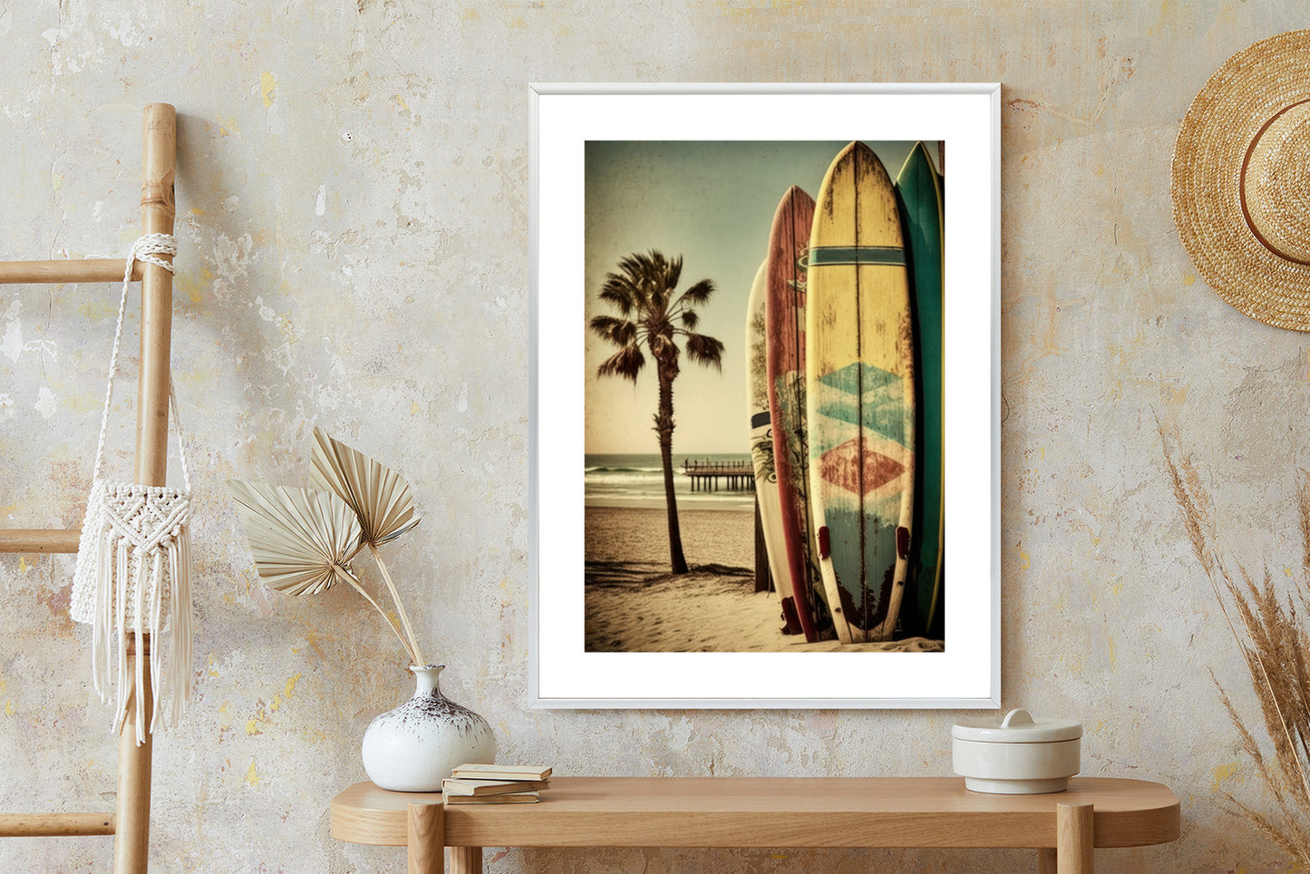 Poster Flecken Und Surfbretter In Vintage-Tönen Rahmen Holz Mit Passepartout Farbe Natürlich