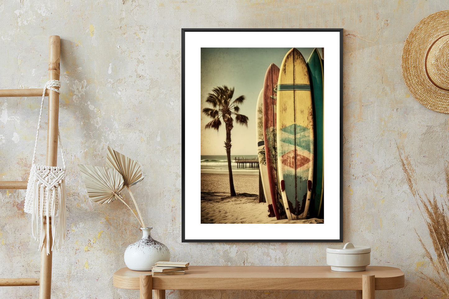 Poster Flecken Und Surfbretter In Vintage-Tönen Rahmen Holz Mit Passepartout Farbe Natürlich