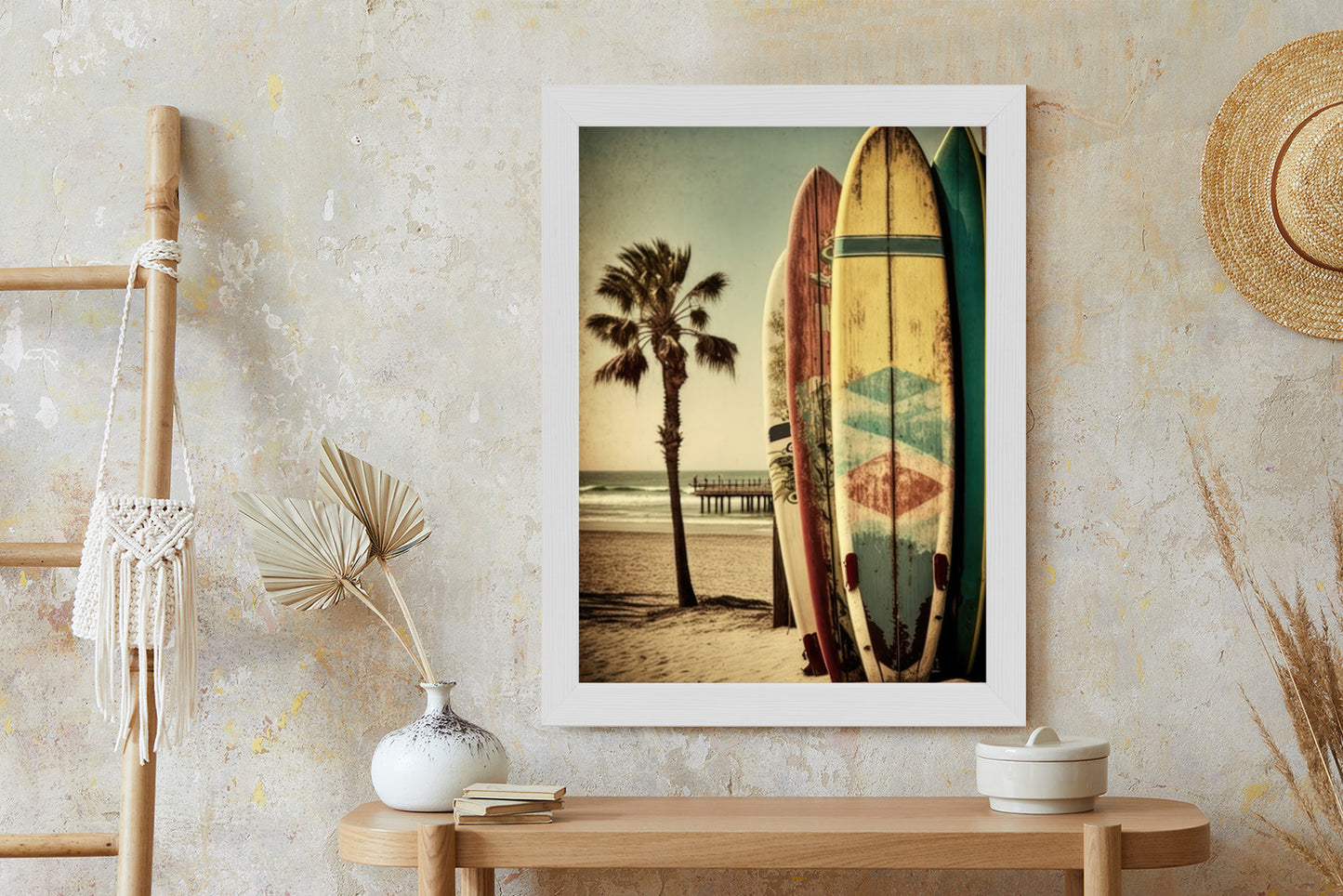 Poster Flecken Und Surfbretter In Vintage-Tönen Rahmen Holz Mit Passepartout Farbe Natürlich