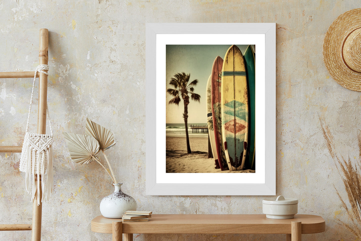 Poster Flecken Und Surfbretter In Vintage-Tönen Rahmen Holz Mit Passepartout Farbe Natürlich