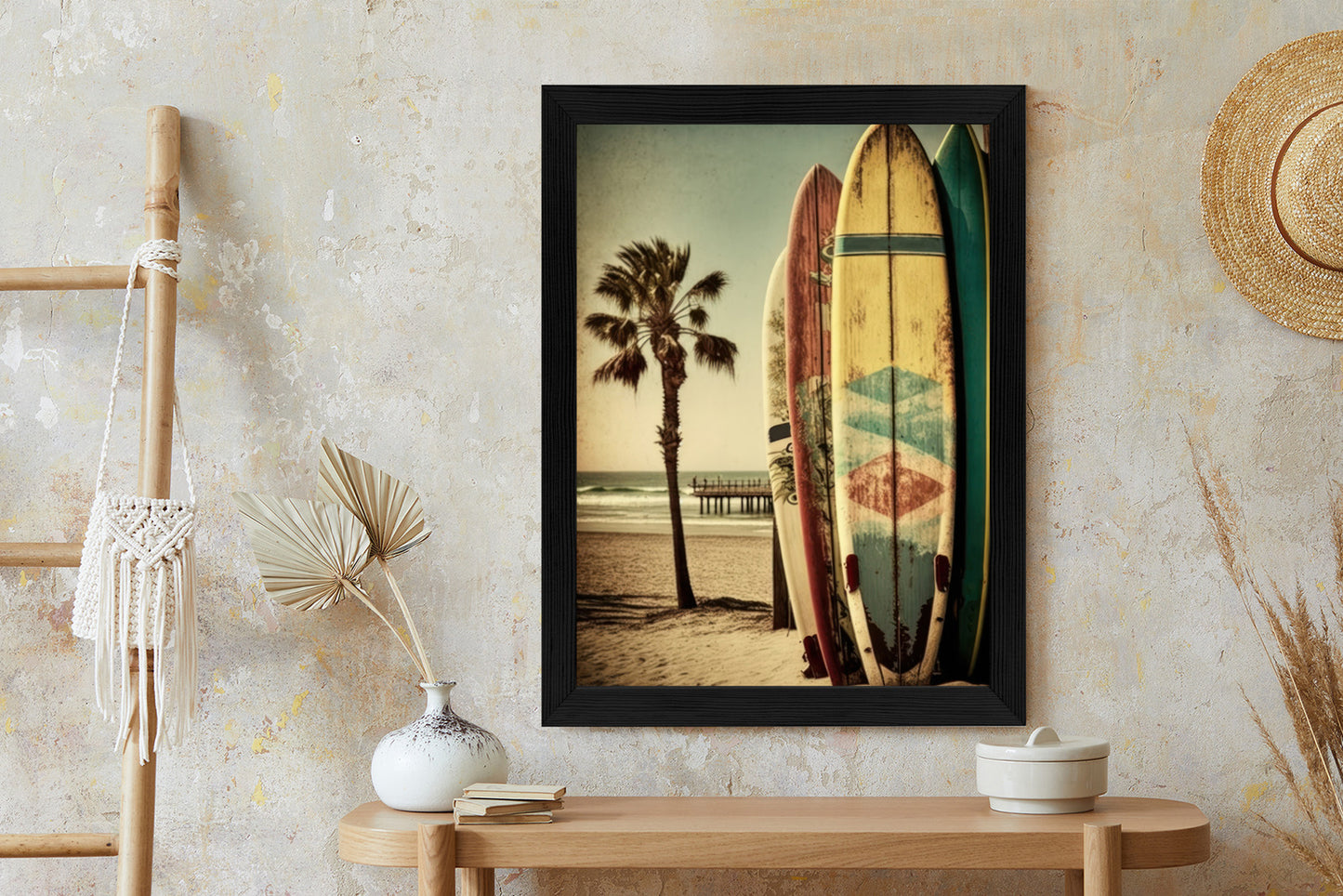 Poster Flecken Und Surfbretter In Vintage-Tönen Rahmen Holz Mit Passepartout Farbe Natürlich