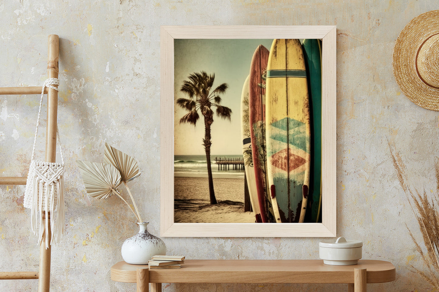 Poster Flecken Und Surfbretter In Vintage-Tönen Rahmen Holz Mit Passepartout Farbe Natürlich